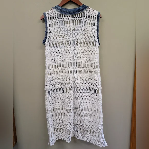 Dor Dor Couture Denim Crochet Silver Stud Accent Long Pocket Vest Large - Picture 3 of 7